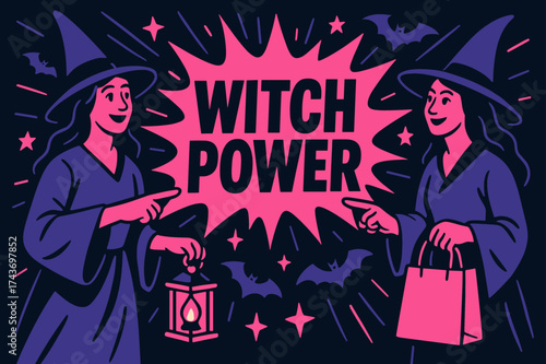 Witch Power Banner. Witch Power banner, flat vector illustration, bold oversized text inside splash explosion, cartoon characters standing and pointing at