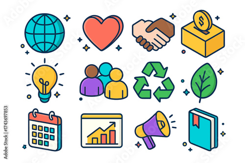Colorful Social Icons. Social Impact. Colorful isometric vector icons set of social impact: globe, heart, handshake, donation box, light bulb, people group,