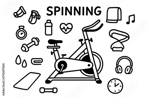 Indoor Spin Essentials. Spinning. Hand-drawn doodle illustration spinning indoor bike, pedals, water bottle, towel, heart rate monitor, music note, timer,