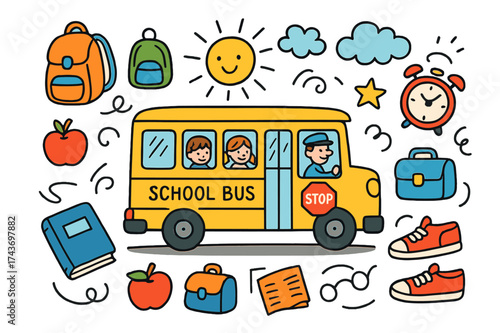 Colorful School Bus Doodles. School Bus. Colorful Hand-drawn doodle Children illustration yellow bus, backpack, driver, kids, road, stop sign, clock, star,