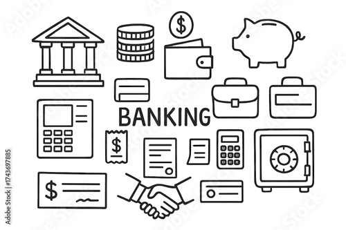 Banking Doodle Icons. Banking. Hand-drawn doodle illustration banking bank building, coin stack, wallet, piggy bank, dollar sign, briefcase, card, ATM,