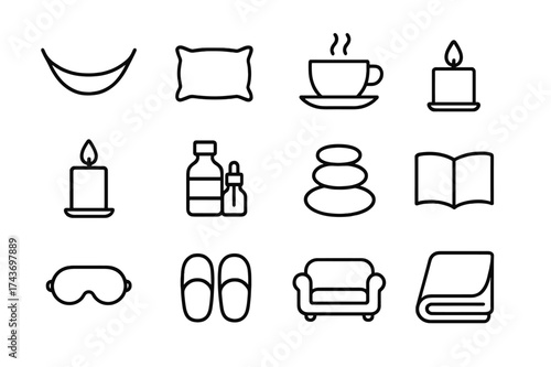Relaxation Icon Set. Relaxation. Line icon set of Relaxation: hammock, pillow, tea cup, hot bath, candle, essential oil bottle, massage stone, book, eye mask,