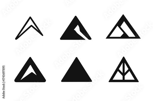 Stylized Mountain Logos. Mountain peaks. Set Logo of triangular peak: stylized sharp mountain outline. harmonious logo variations of the same emblematic