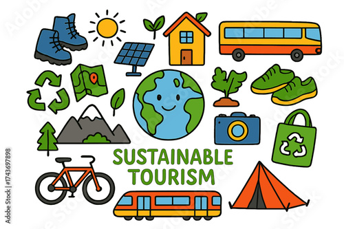 Eco-Friendly Travel Icons. Sustainable Tourism. Colorful Hand-drawn doodle Children illustration Earth globe, eco house, bus, solar panel, bicycle, walking