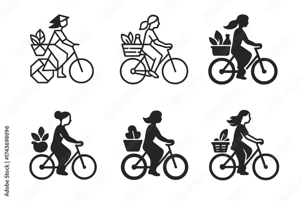 Obraz premium Women Entrepreneurship Logos. Women entrepreneurs in rural areas. Set Logo of Women entrepreneurs in rural areas: Farm-to-table delivery bicycle. harmonious