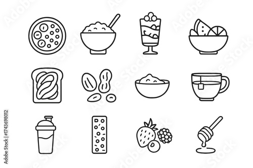 Healthy Breakfast Icons. Healthy Breakfast Items. Line icon set of Healthy Breakfast Items: smoothie bowl, oatmeal, yogurt parfait, fruit salad, avocado toast,