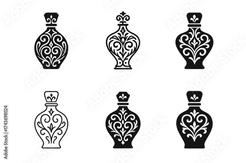 Elegant Perfume Logos. Luxury accessories for men and women. Set Logo of perfume bottle: ornate fragrance design. harmonious logo variations of the same