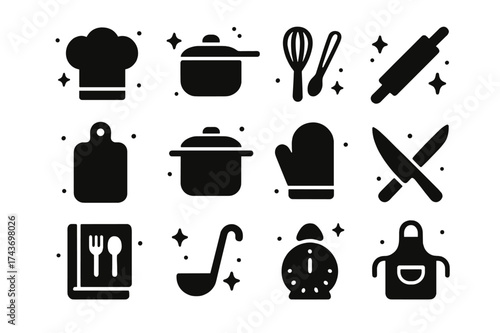 Culinary Icons Design. Culinary Workshop. Solid icons set of chef hat, saucepan, whisk, rolling pin, cutting board, pot, oven mitt, knife, recipe book, ladle,