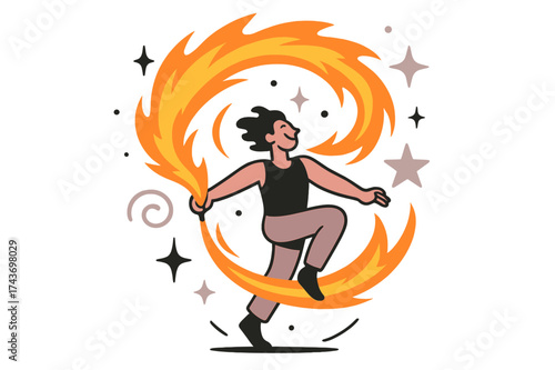 Fiery Performance Artistry. Flame spiral. Performer glowing as fire arcs in circle patterns around them. Floating swirl, star, and sparkle icons symbolizing