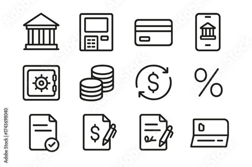 Banking Icon Set. Banking. Line icon set of Banking: bank building, ATM machine, credit card, debit card, mobile banking app, vault, safe box, coins stack,
