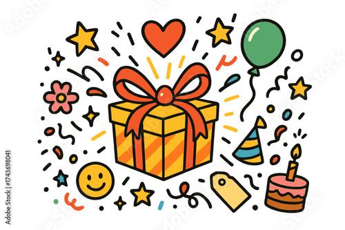 Colorful Celebration Icons. Unexpected Gift. Colorful Hand-drawn doodle Children illustration gift box, ribbon, bow, balloon, heart, star, tag, flower,