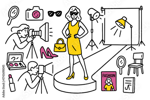 Fashion Photo Shoot. Model Posing. Hand-drawn doodle illustration model posing model (accented), camera (accented), tripod, spotlight, outfit, high heels