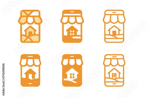 Rural Entrepreneur Logos. Women entrepreneurs in rural areas. Set Logo of Women entrepreneurs in rural areas: Mobile phone with rural storefront. harmonious