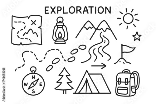 Adventure Map Doodle. Exploration. Hand-drawn doodle illustration exploration map, compass, lantern, road, footsteps, mountain, sun, river, flag, tent, tree,