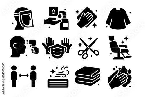 Salon Safety Icons. Salon Client Safety. Solid icons set of Salon Client Safety: face shield, hand sanitizing station, cleaning cloths, disposable capes,