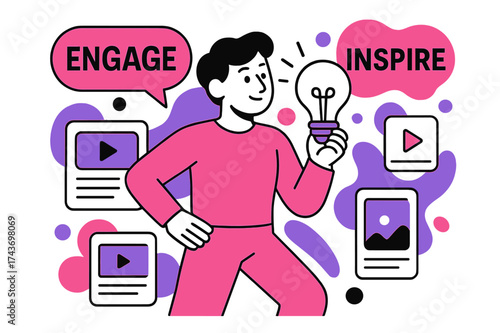 Creative Inspiration Orbit. Creative storytelling. A person holding a glowing lightbulb while abstract posts, reels, and floating words like ?Engage? and