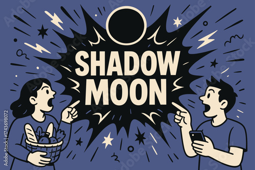 Shadow Moon Banner. Shadow Moon banner, flat vector illustration, bold oversized text inside splash explosion, cartoon characters shouting and pointing at