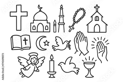 Religious Symbols Doodle. Religion. Hand-drawn doodle illustration religion cross, mosque, church, bible, candle, rosary, star, moon, dove, praying hands, rays