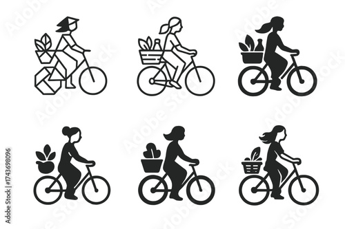 Women Entrepreneurship Logos. Women entrepreneurs in rural areas. Set Logo of Women entrepreneurs in rural areas: Farm-to-table delivery bicycle. harmonious