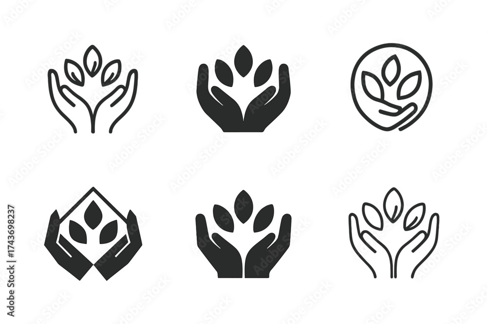 Obraz premium Seed Preservation Logos. Seed preservation techniques. Set Logo of protective hands: hands holding seeds safely. harmonious logo variations of the same