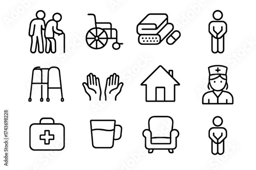 Home Care Icons. Home care. Line icon set of Home care: caregiver, elderly person, wheelchair, blanket, medicine, walking aid, support hands, home icon, nurse,