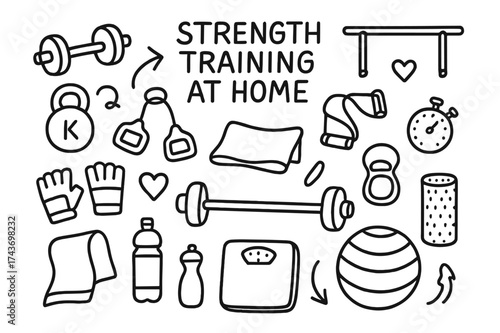 Home Workout Essentials. Strength training at home. Hand-drawn doodle illustration strength training at home dumbbell, barbell, kettlebell, resistance bands,