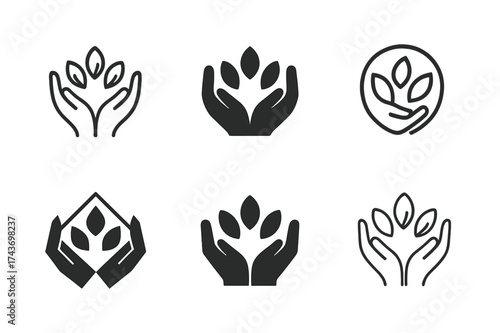 Seed Preservation Logos. Seed preservation techniques. Set Logo of protective hands: hands holding seeds safely. harmonious logo variations of the same