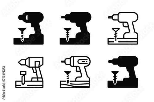 Deck Builder Logos. Deck builders constructing wooden decks. Set Logo of drill and screw: power drill driving screw into wood plank. harmonious logo variations