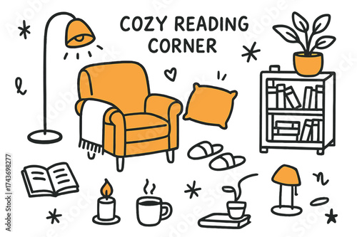 Cozy Reading Nook. Cozy Reading Corner. Hand-drawn doodle illustration armchair (colored), blanket, book, candle (colored), mug, lamp (colored), slippers,