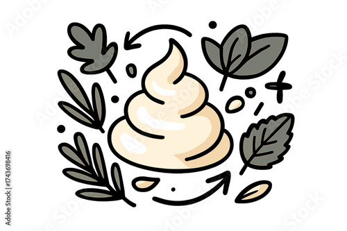 Herbal Dressing Magic. Herbs and creamy dressing. Glowing creamy dressing surrounded by floating herb leaves and droplets, soft light emphasizing freshness and