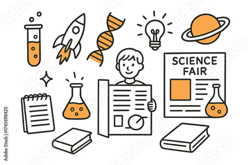 Science Fair Icons. Science Fair. Hand-drawn doodle illustration test tube (colored), rocket model, DNA strand (colored), student with project board, flask