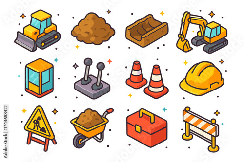Colorful Excavation Icons. Excavation process. Colorful isometric vector icons set of excavation process: bulldozer, dirt pile, trench, excavator, operator