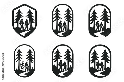 Mountain Hiking Logos. Friends hiking in the mountains, enjoying nature and the outdoors together. Set Logo of forest path: hikers walking under stylized