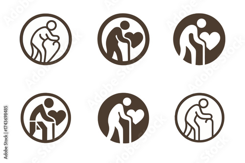 Elder Wellness Logos. Physical wellness and mobility for the elderly. Set Logo of life balance: circular emblem combining elder, cane, and heart. harmonious