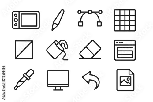 Digital Art Tool Icons. Digital art. Line icon set of Digital art: drawing tablet, stylus pen, vector curve, pixel grid, gradient tool, paint bucket, eraser