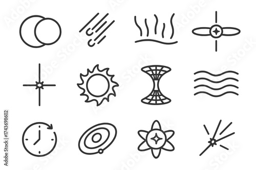Cosmic Phenomena Icons. Cosmic phenomena. Line icon set of Cosmic phenomena: eclipse, meteor shower, aurora, pulsar, gamma ray burst, solar flare, wormhole,