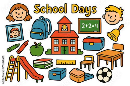 Colorful School Doodles. School Days. Colorful Hand-drawn doodle Children illustration School building, chalkboard, backpack, pencils, crayons, lunchbox,
