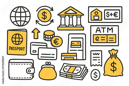 Travel Money Icons. Travel Money. Hand-drawn doodle illustration travel money passport (accented), currency notes, coins (accented), wallet, bank building