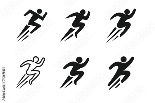 Dynamic Athlete Logo Grid. High-performance training for athletes. Set Logo of explosive jump: athlete leaping upward with energy lines. harmonious logo
