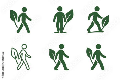 Eco Walking Path Logos. Sustainable urban transportation. Set Logo of walking path: human figure walking with eco leaf. harmonious logo variations of the same