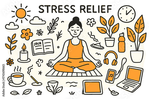 Stress Relief Doodle. Stress Relief. Hand-drawn doodle illustration stress relief yoga pose (accented), meditation mat, incense, candle (accented), journal,