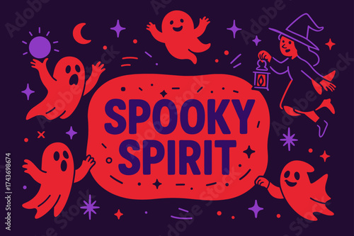 Spooky Spirit Banner. SpookySpirit banner, flat vector illustration, bold oversized text inside rounded blob, cartoon characters jumping and floating around