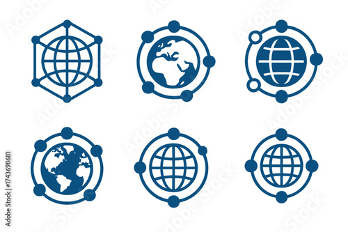 Global Network Logos. Cross-cultural exchange programs. Set Logo of globe network: Earth surrounded by connecting nodes. harmonious logo variations of the same