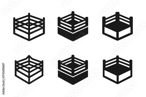 Boxing Logos Grid. Boxing fitness workouts. Set Logo of boxing ring: Abstract geometric, Minimal outline, Iconic shape, Symmetrical form, Filled silhouette,