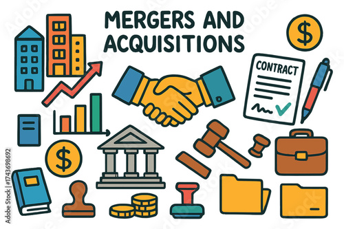 Business Deal Icons. Mergers and Acquisitions. Colorful Hand-drawn doodle Children illustration two buildings, handshake, contract paper, pen, chart, arrow,