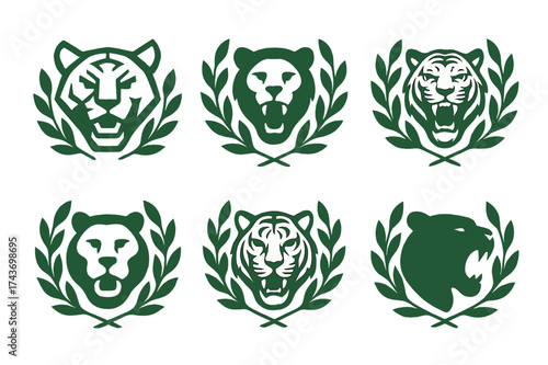Tiger Logo Variations. Endangered species and their protection. Set Logo of tiger: roaring tiger head framed by leaves. harmonious logo variations of the same