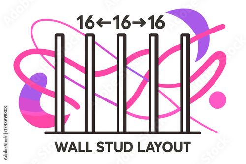 Wall Stud Layout. Wall Stud Layout. Diagram showing equal spacing of studs with numbers above, abstract glowing lines emphasizing rhythm and structure. Modern