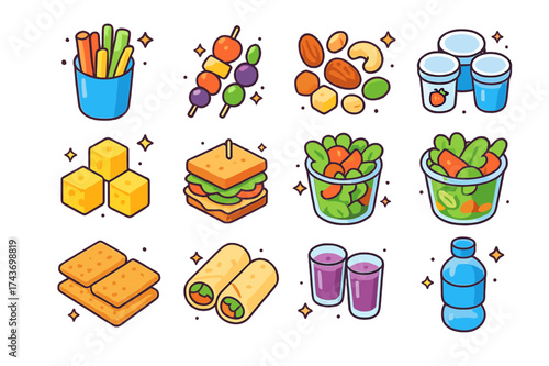 Healthy Snack Icons. Healthy snacks. Colorful isometric vector icons set of healthy snacks: veggie sticks, fruit skewers, nuts, yogurt cups, cheese cubes, mini