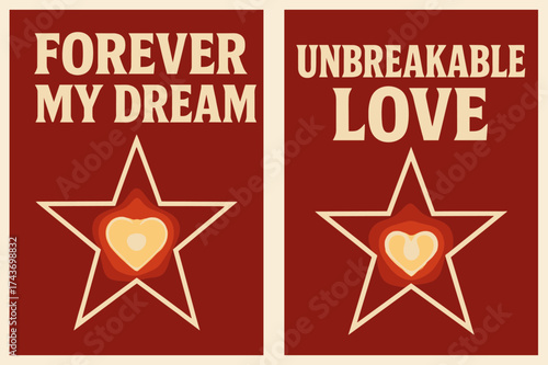 Unbreakable Love Banners. Commitment. Two vertical A6 banners with safe margins, centered composition, no elements touching edges, bold style, red and beige,