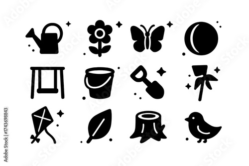 Garden Play Icons. Garden Play. Solid icons set of Garden Play: watering can, flower, butterfly, ball, swing, sandbox bucket, toy shovel, pinwheel, kite, leaf,